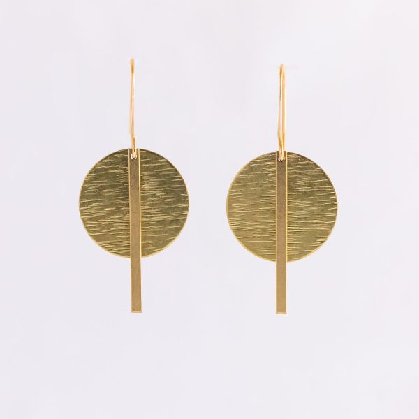 The Gaze of the Goddess Earrings: brass, flat stick backed by a flat textured disc, fininshed with french hooks.