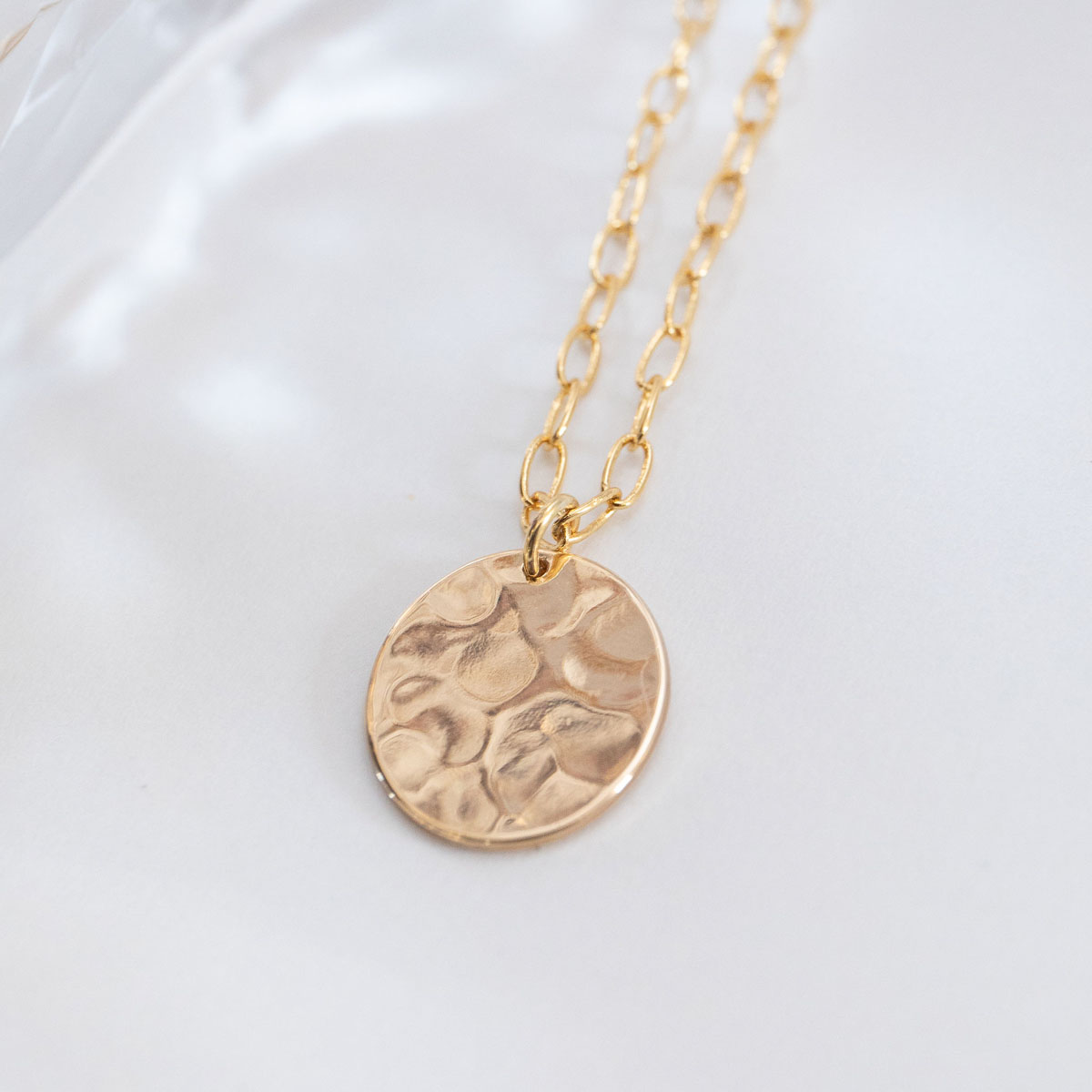 Product image of the the Meridian Necklace, a gold hammered oval pendant on a dainty paperclip chain.