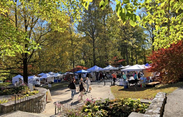 Shoppers browsing outdoors at the Hagley Craft Fair